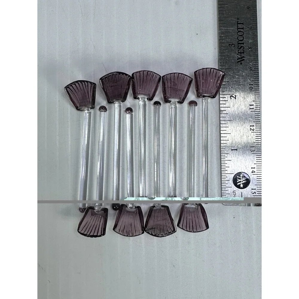 Lot Of 9 Vintage Amethyst Clamshell Shaped Glass Spoons Salt Cellars Condiments